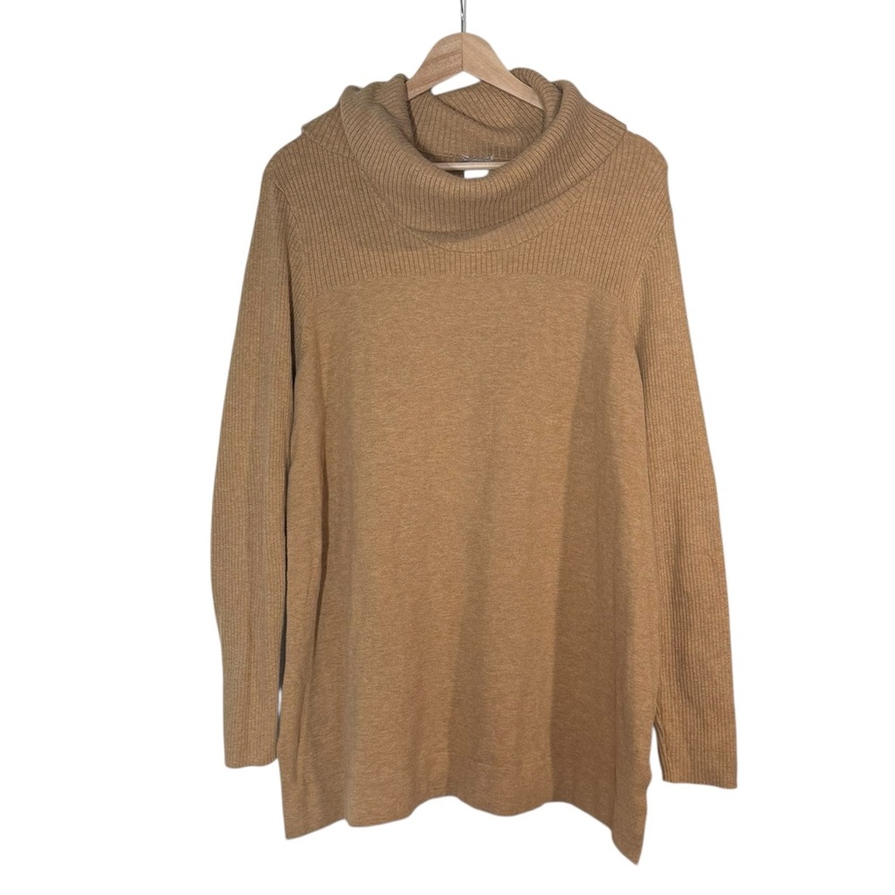 Chico's Zenergy Cowl Neck Tunic Sweater Cashmere Ribbed Knit Size XL Camel Brown